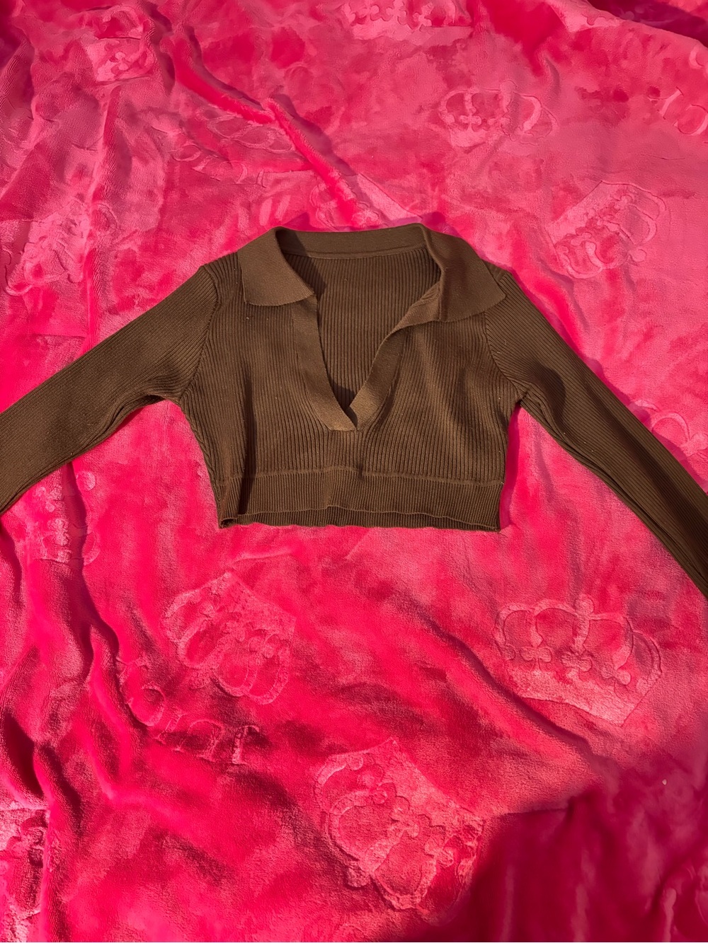 Cropped Rib-Knit Polo Top in Brown